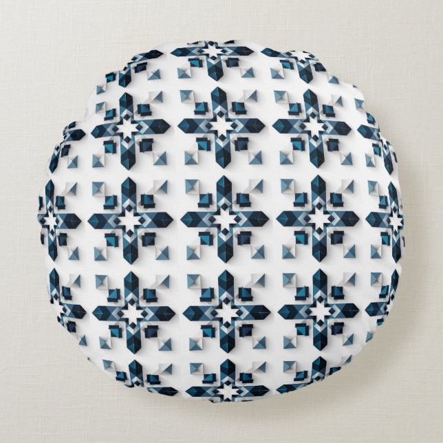 Coussins Ronds Conception Abstraite Géométrique en Bleu et Blanc (Devant)