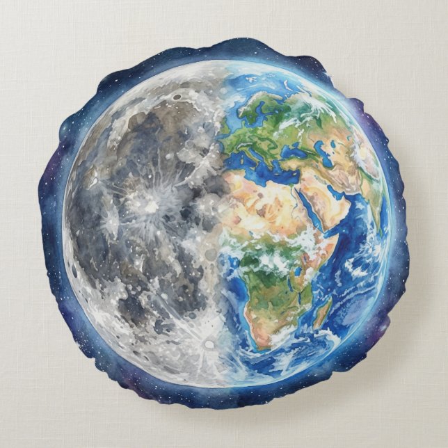 Coussins Ronds Conception céleste de galaxie à l'aquarelle Terre  (Dos)