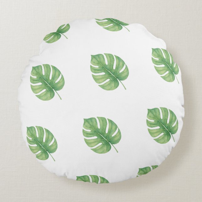 Coussins Ronds Conception de feuille de Monstera verte.  (Devant)