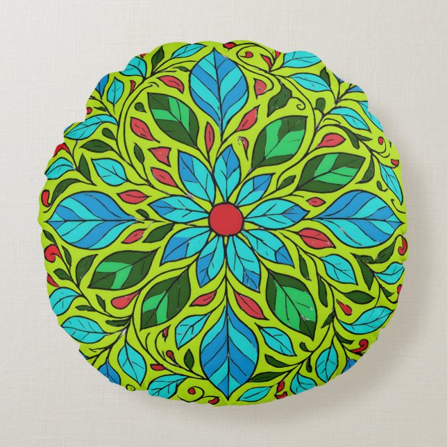 Coussins Ronds Conception de mandala de feuilles  (Devant)