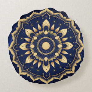 Coussins Ronds Conception de Mandala de Lune Céleste S Navy Blu