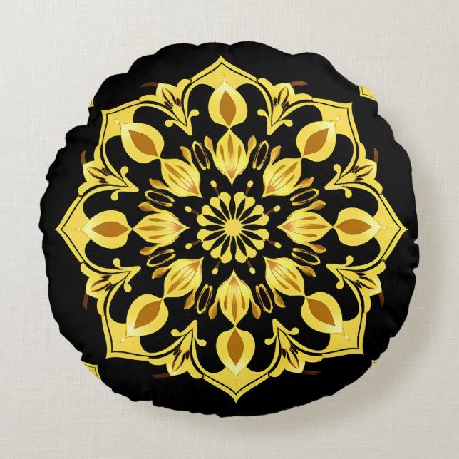Coussins Ronds Conception de mandala doré avec motifs symétriques (Devant)