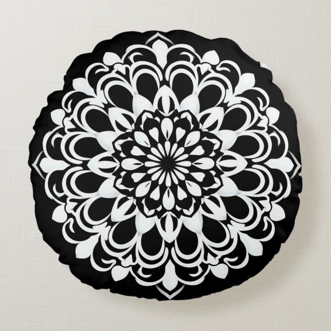 Coussins Ronds Conception de mandala noir et blanc (Devant)