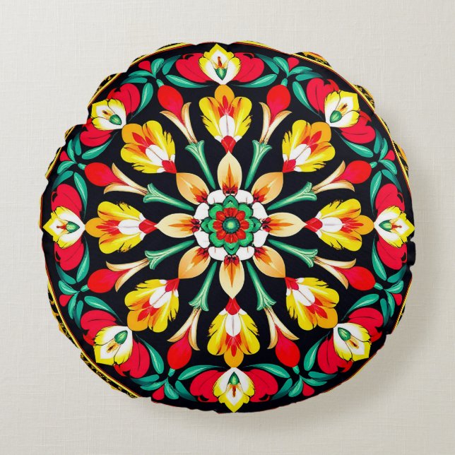 Coussins Ronds Conception de mandala orné vibrant (Devant)