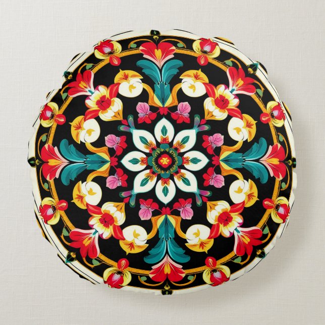 Coussins Ronds Conception de mandala orné vibrant (Devant)
