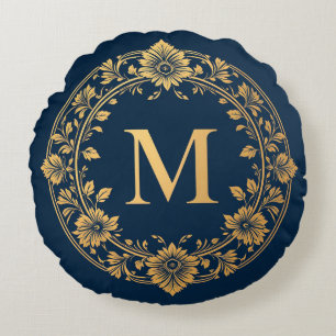 Coussins Ronds Conception de monogramme floral or élégant
