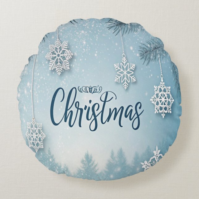 Coussins Ronds Conception de Noël en cristal de neige bleu doux e (Devant)
