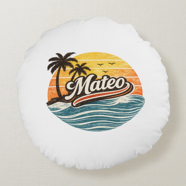 Coussins Ronds Conception de nom Mateo Retro Sunset (Dos)