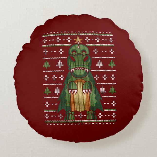 Coussins Ronds Conception de pull de Noël moche d'un dinosaure mi (Devant)