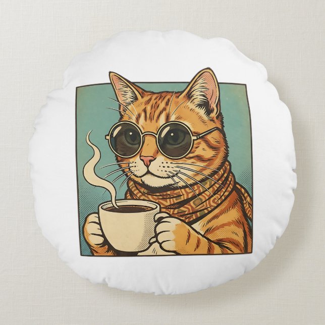Coussins Ronds Conception de style rétro pour café Cool Cat pour  (Devant)