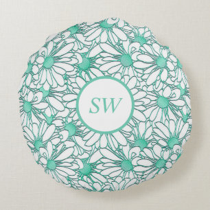 Coussins Ronds Conception florale Turquoise et blanche personnali