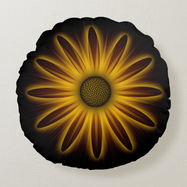 Coussins Ronds Conception Tournesol Néon Sur Fond Noir   (Devant)