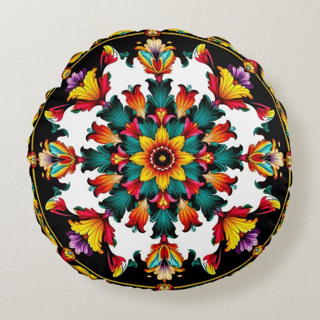 Coussins Ronds Conception vibrante de mandala orné (Devant)