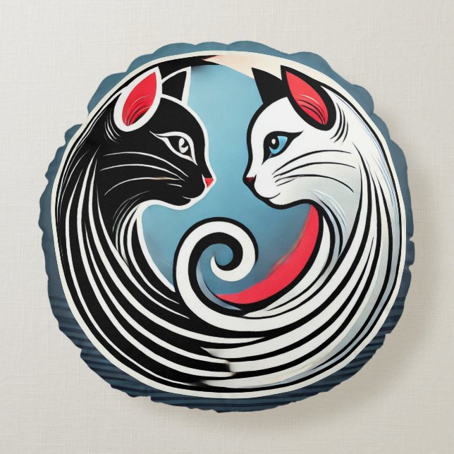 Coussins Ronds Conception Yin Yang avec des chats noirs et blancs (Devant)