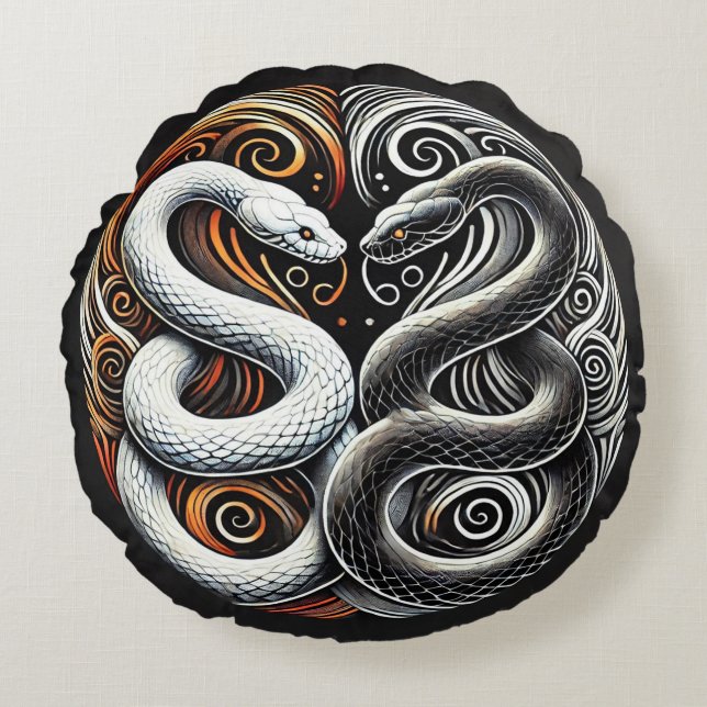 Coussins Ronds Conception Yin Yang avec deux serpents (Devant)