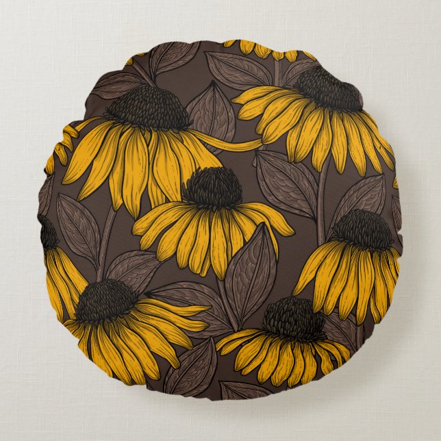 Coussins Ronds Confleurs jaunes sur brun foncé (Devant)