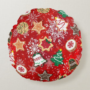 Coussins Ronds Cookies de Noël et flocons de neige sur fond rouge