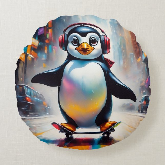 Coussins Ronds Cool Peinture d'Art numérique de pingouin (Devant)