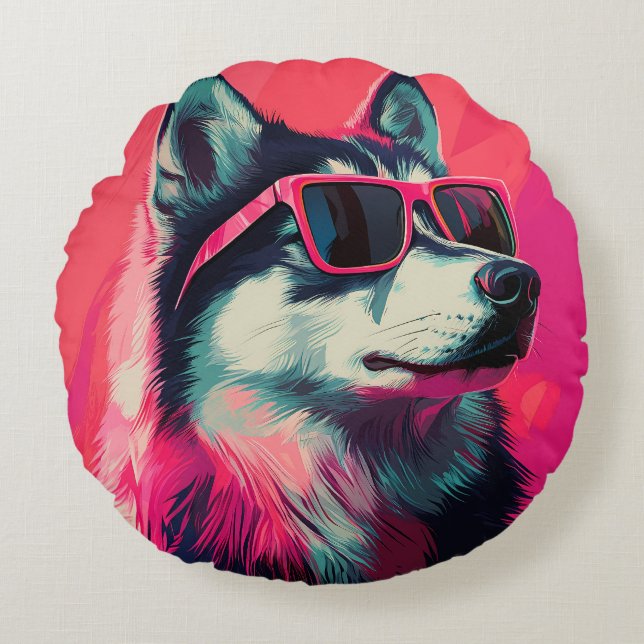 Coussins Ronds Cool Siberian Husky dog with sunglasses (Devant)