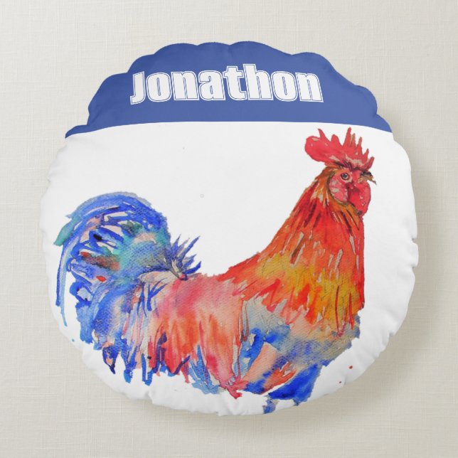 Coussins Ronds Coq Poulet Oiseaux Garçons Nom Bleu Rouge (Devant)