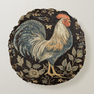 Coussins Ronds Coq Vintage, Motif Floral, Fond Noir
