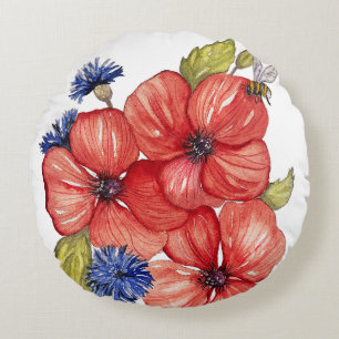 Coussins Ronds Coquelicot rouge et bleuet bleu à l'aquarelle