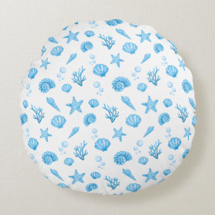 Coussins Ronds Coquillage étoile de mer aquarelle bleue côtière
