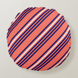 Coussins Ronds Corail, bleu marine et blanc cinq bandes motif