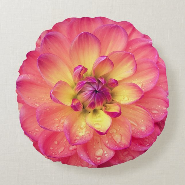 Coussins Ronds Corail jaune dahlia zinnia (Devant)