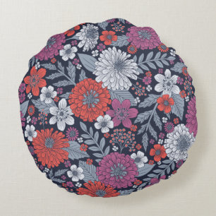 Coussins Ronds Corail, Magenta et Zinnias bleu