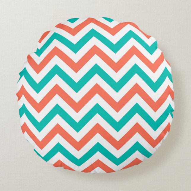 Coussins Ronds Corail, sarcelle, motif zigzag chevron large blanc (Devant)