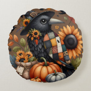 Coussins Ronds Corbeau Fantaisiste avec Citrouilles et Tournesols