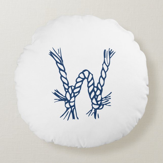 Coussins Ronds Corde à voile blanc bleu marine monogramme personn (Devant)