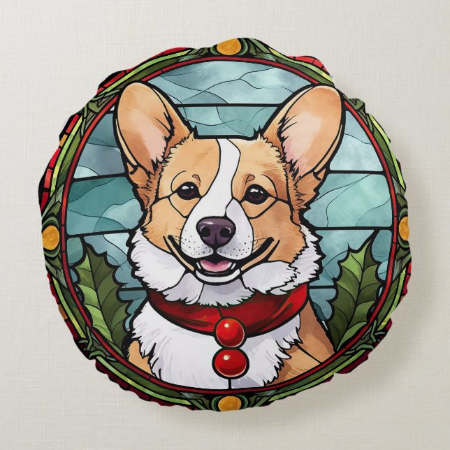 Coussins Ronds Corgi Vitrail de Noël (Dos)
