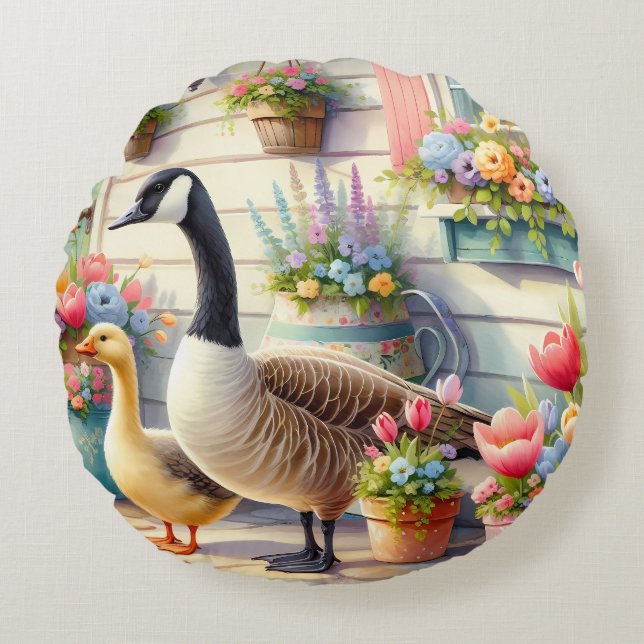 Coussins Ronds Cottage Garden Geese Spring Illustration (Devant)