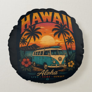 Coussins Ronds Coucher de soleil hawaïen vintage Palmiers Planche