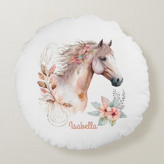 Coussins Ronds Couleur d'eau douce sur mesure Floral Boho Horse (Dos)