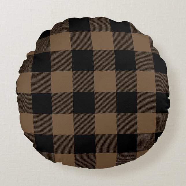 Coussins Ronds Couleur personnalisée Noir et Brown Buffalo Check  (Devant)