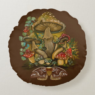 Coussins Ronds Couleurs Vintages rétro Champignons & Moth Art