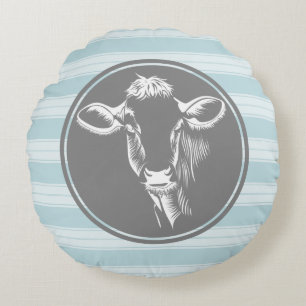 Coussins Ronds Country Farm Cornflower Blue White Cow Sketch