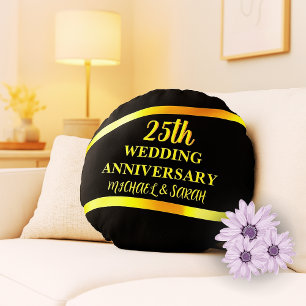 Coussins Ronds Couple cadeau du 25e anniversaire du Mariage Black