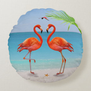 Coussins Ronds Couple de flamants roses et feuille de palmier sur
