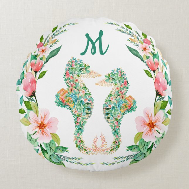 Coussins Ronds Couple Hippocampe à Monogramme Fleur Tropicale (Devant)