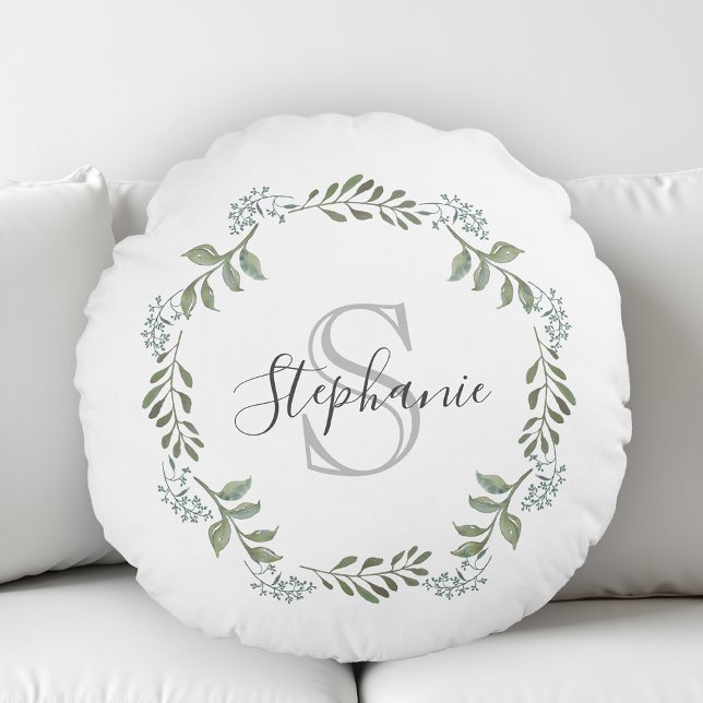 Coussins Ronds Couronne botanique de verdure sage avec monogramme (Créateur téléchargé)
