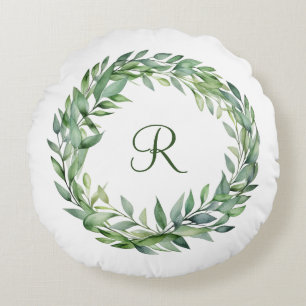 Coussins Ronds Couronne de feuilles de eucalyptus vert Monogram