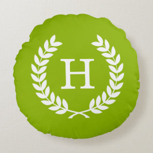 Coussins Ronds Couronne de laurier en blé vert pomme monogramme i