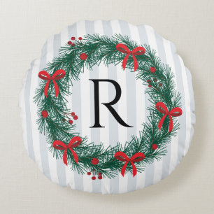 Coussins Ronds Couronne de Noël à ruban rouge Coquette avec monog