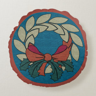 Coussins Ronds Couronne de Noël avec Faux Raw Silk Texture