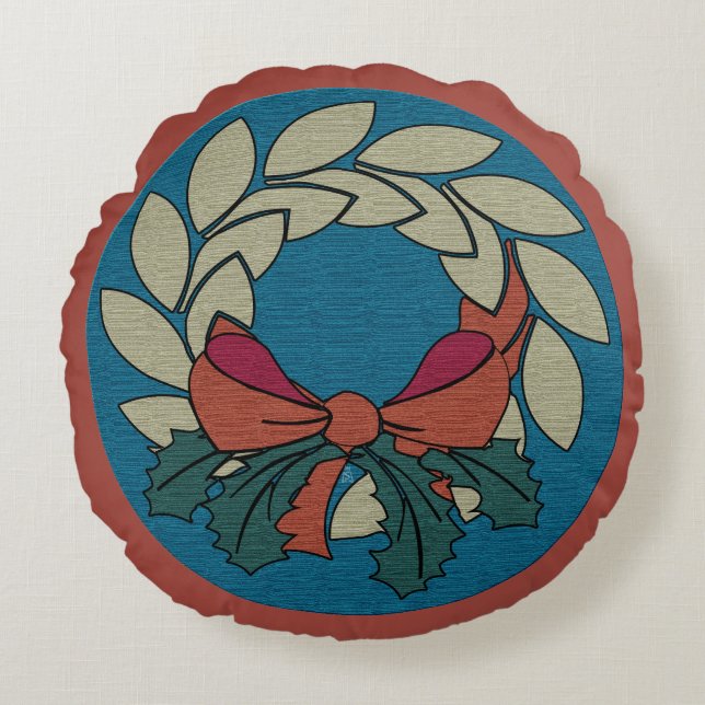 Coussins Ronds Couronne de Noël avec Faux Raw Silk Texture (Devant)