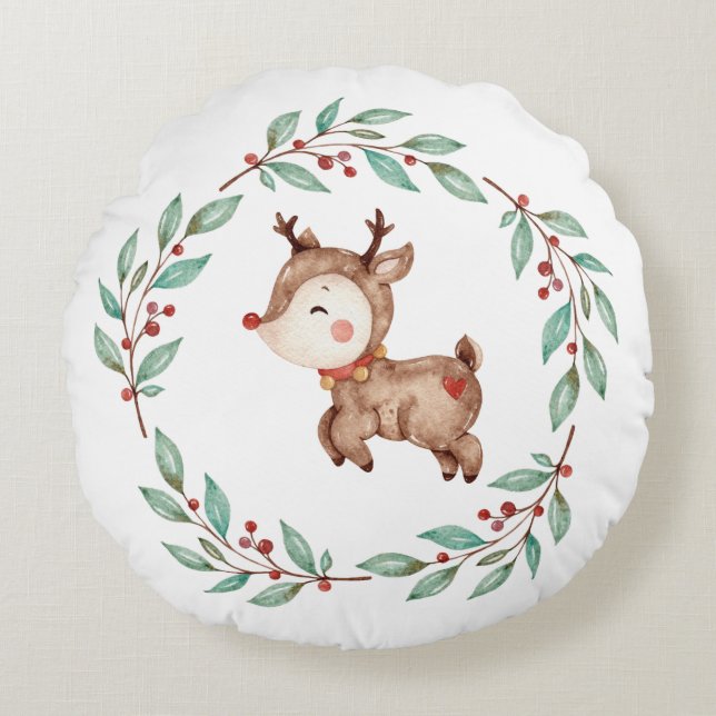 Coussins Ronds Couronne de Noël de rennes de fêtes (Devant)